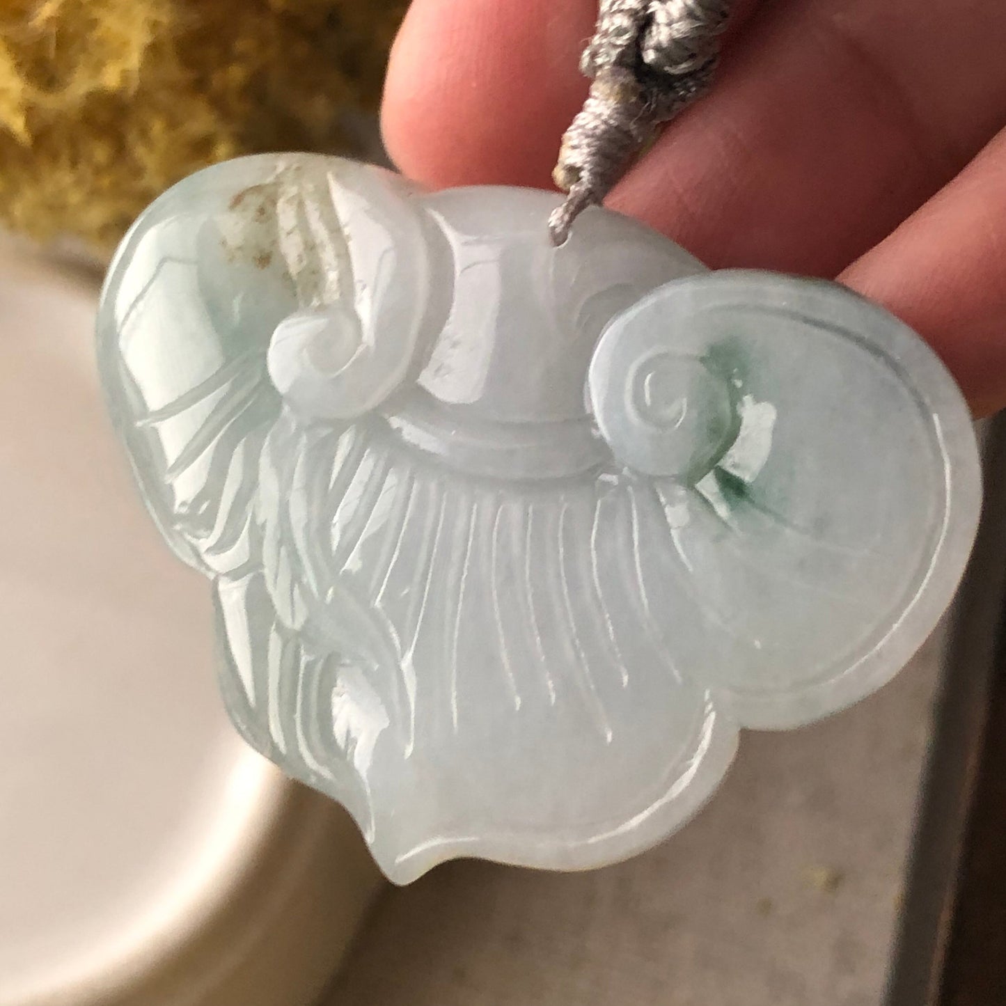 32.7mm Icy Green Float Flowers Jadeite Jade Ruyi Cloud Carved Flower Bird Pendant