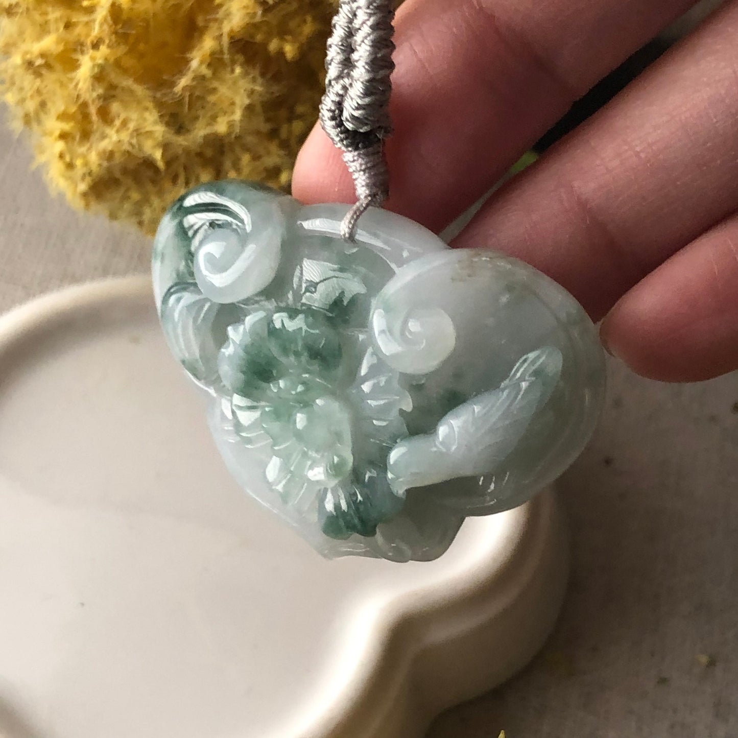 32.7mm Icy Green Float Flowers Jadeite Jade Ruyi Cloud Carved Flower Bird Pendant