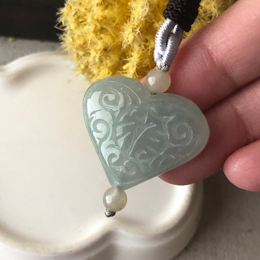 22mm Icy Greenish Jadeite Jade Carved Heart Pendant Keychain Neck Rope Tie