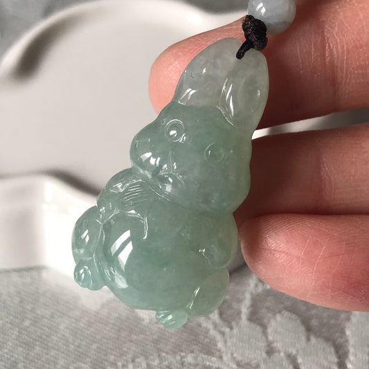 34mm Icy Glossy Green Bunny Jadeite Jade Carved Rabbit Pendant