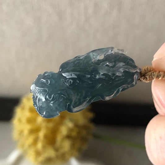 26mm High Quality Icy Guatemalan Jade Blue tone carved dragon Dainty Pendant