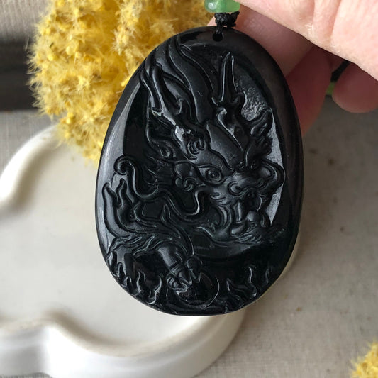 46mm Black Omphacite Jadeite Jade Carved Dragon Pendant