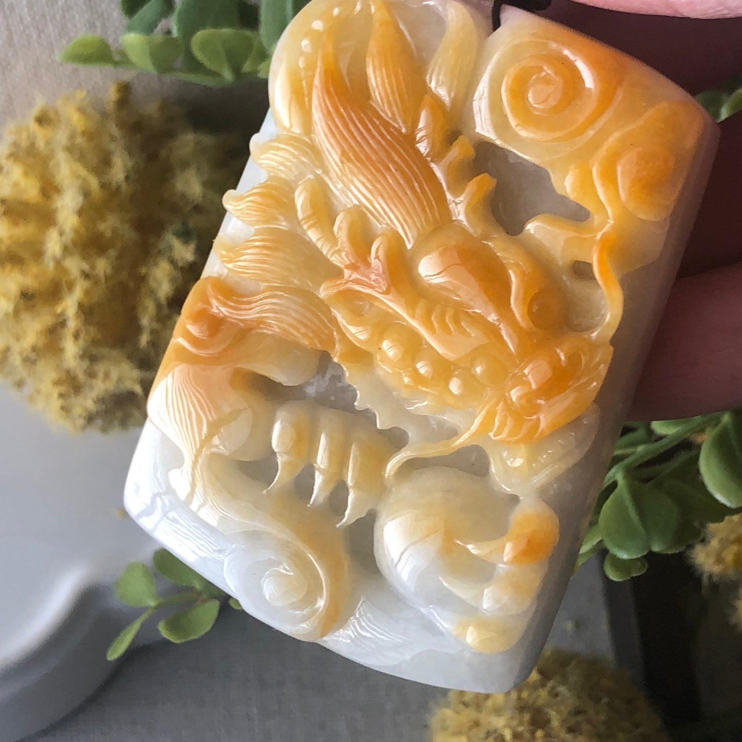 62mm Jadeite Jade Yellow Carved Dragon Pendant Neck Rope Tie