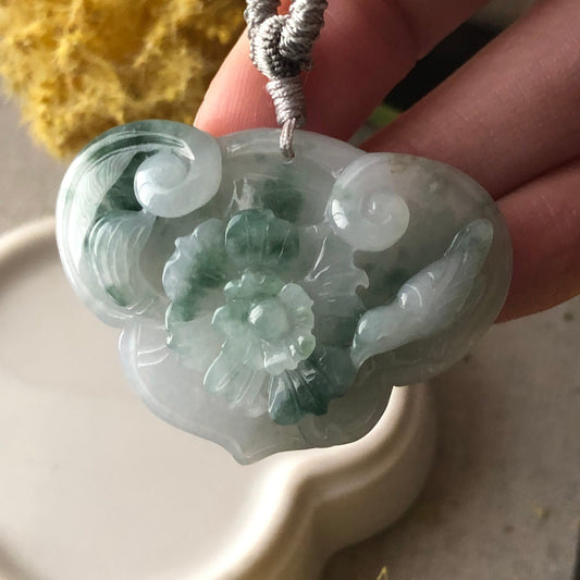 32.7mm Icy Green Float Flowers Jadeite Jade Ruyi Cloud Carved Flower Bird Pendant