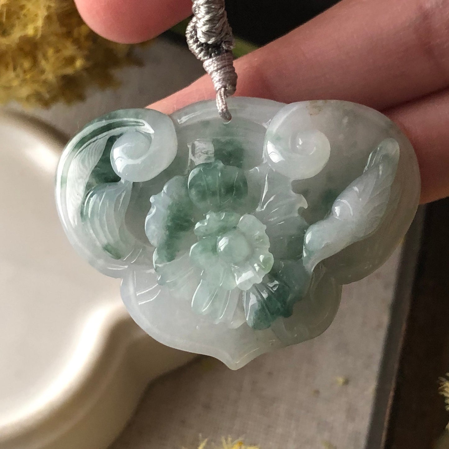 32.7mm Icy Green Float Flowers Jadeite Jade Ruyi Cloud Carved Flower Bird Pendant