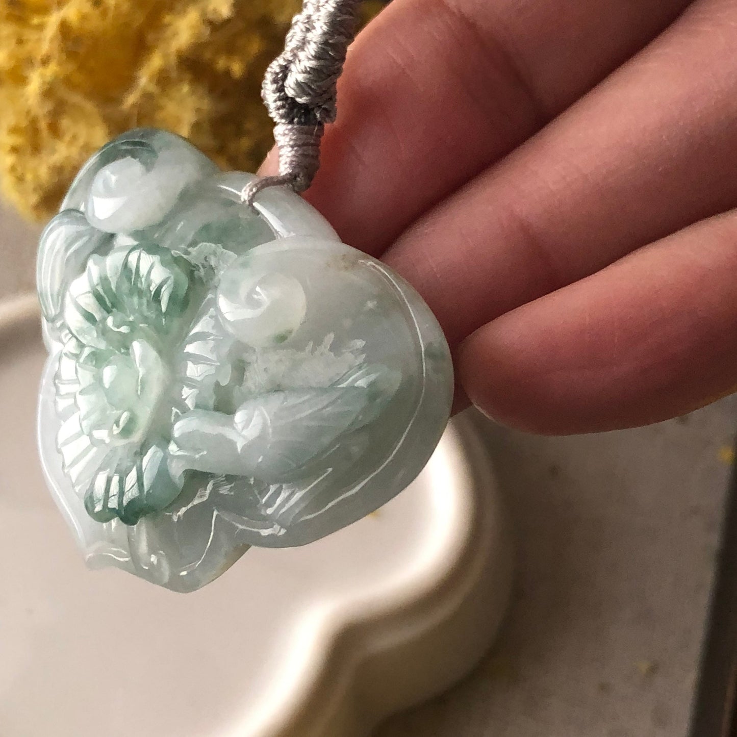 32.7mm Icy Green Float Flowers Jadeite Jade Ruyi Cloud Carved Flower Bird Pendant