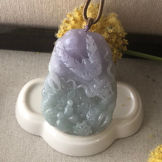 70mm Jadeite Jade Icy Lavender Green tone carved dragon Pendant