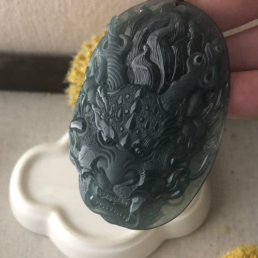 64mm Jadeite Jade Blue Green tone carved dragon Pendant