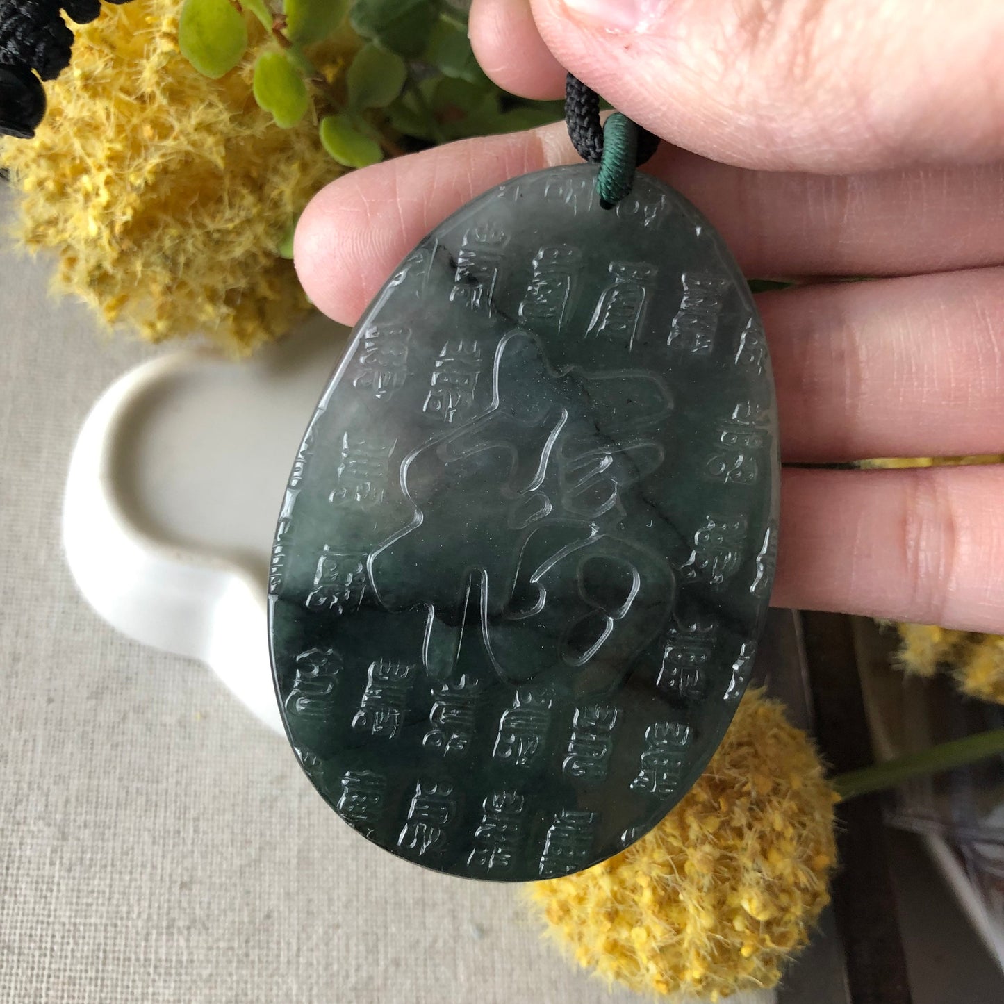 61.5mm Green Black Wuji Jade Jadeite Carved Asian Character 福 Happiness Pendant