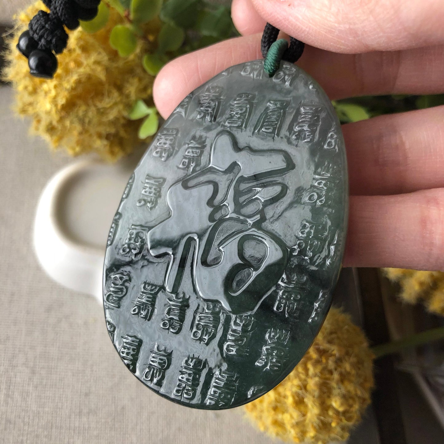 61.5mm Green Black Wuji Jade Jadeite Carved Asian Character 福 Happiness Pendant