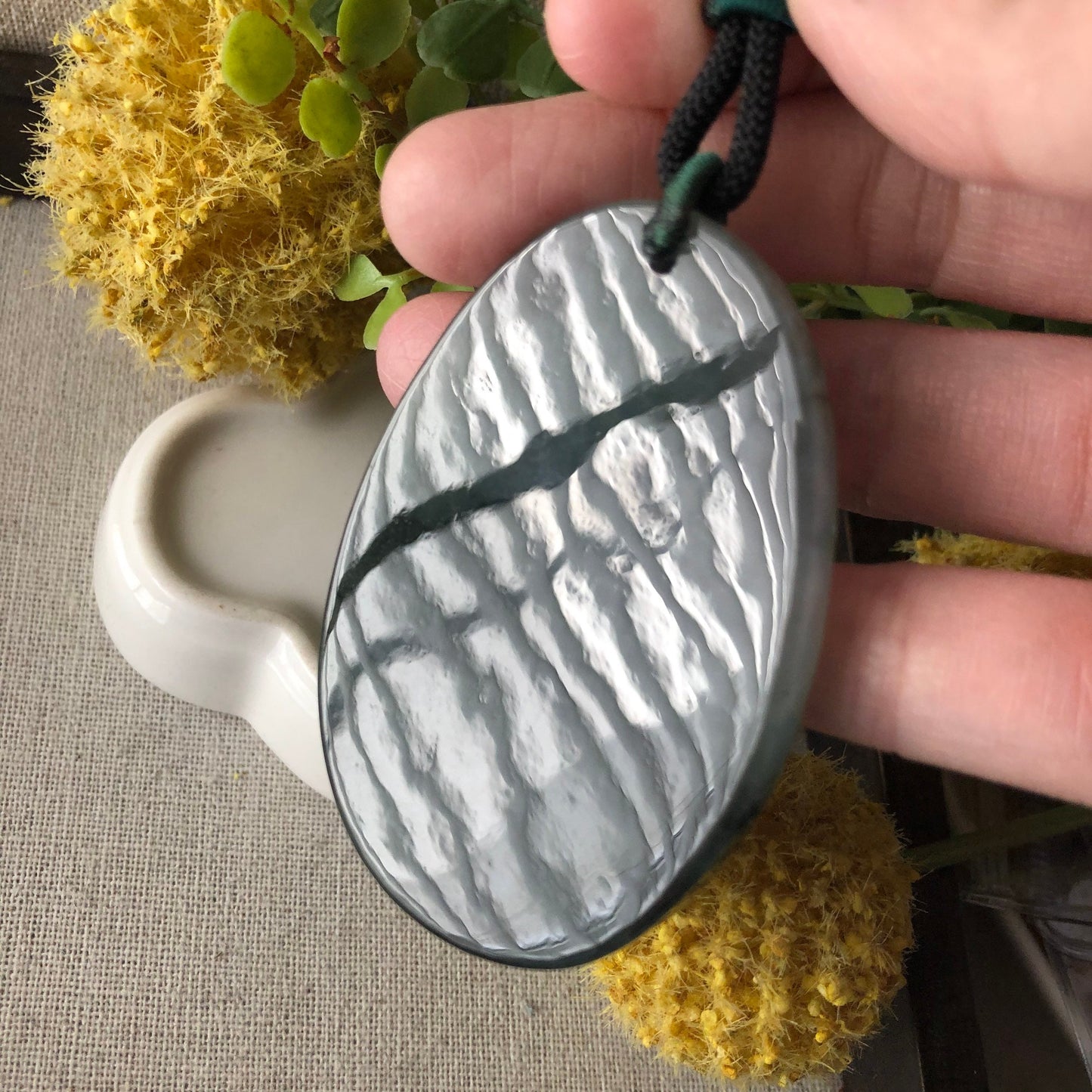 61.5mm Green Black Wuji Jade Jadeite Carved Asian Character 福 Happiness Pendant