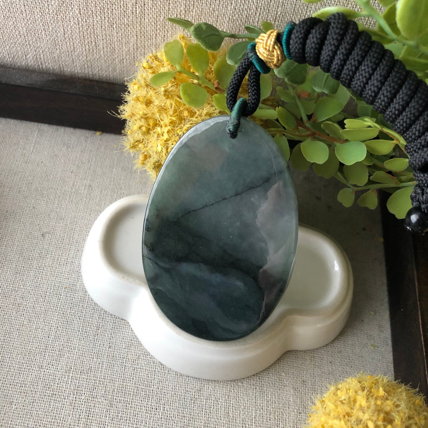 61.5mm Green Black Wuji Jade Jadeite Carved Asian Character 福 Happiness Pendant