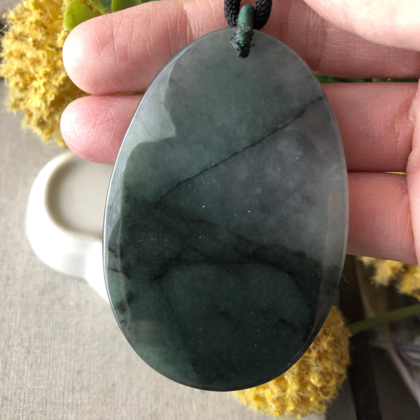 61.5mm Green Black Wuji Jade Jadeite Carved Asian Character 福 Happiness Pendant