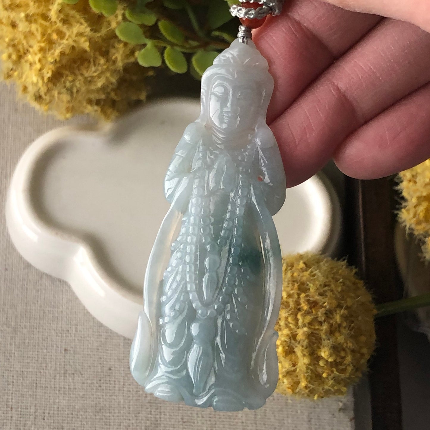 65mm Icy Sky Blue Green Float Flowers Carved Guanyin Pendant
