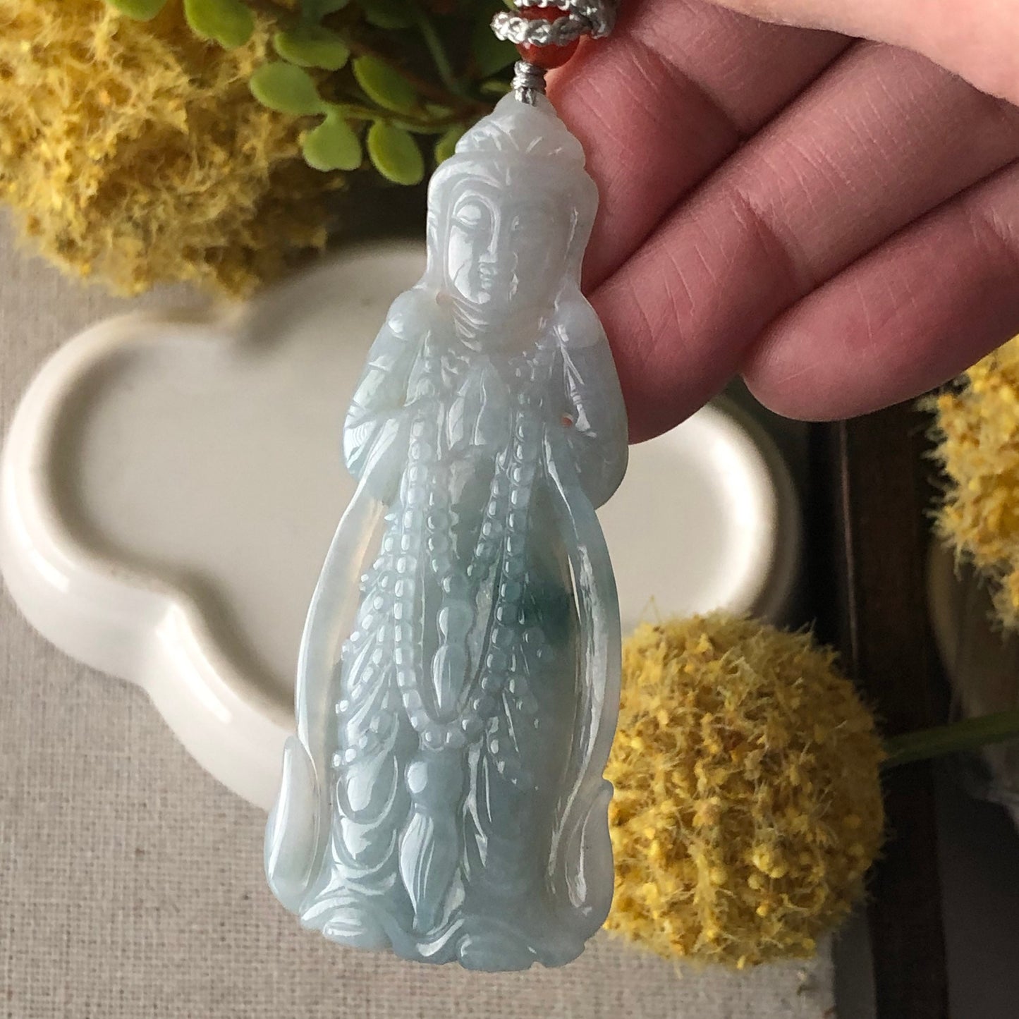 65mm Icy Sky Blue Green Float Flowers Carved Guanyin Pendant