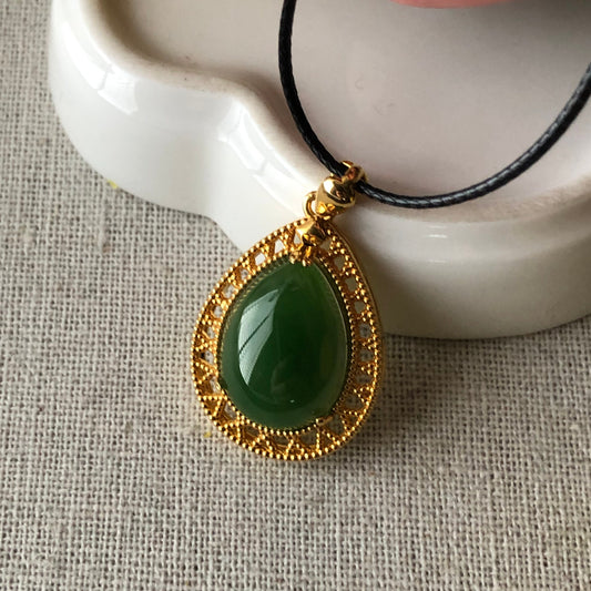 18mm Green Hetian Jade Water Drop 925 Gold Pendant