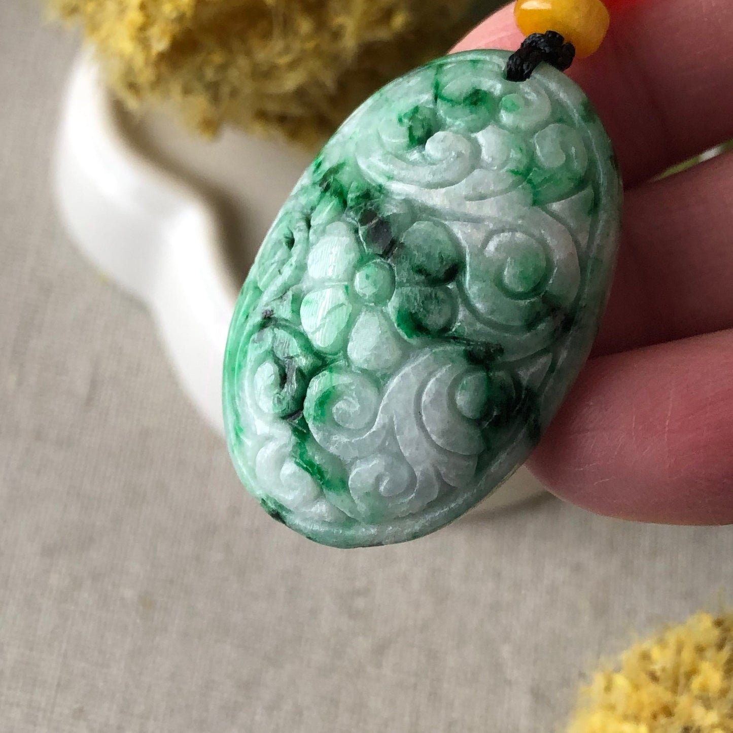 34mm Green Moss Jade Jadeite carved pattern Oval shaped Pendant