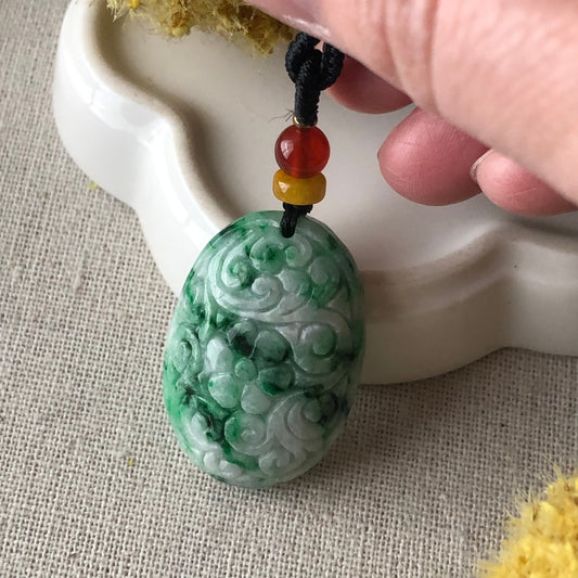 34mm Green Moss Jade Jadeite carved pattern Oval shaped Pendant