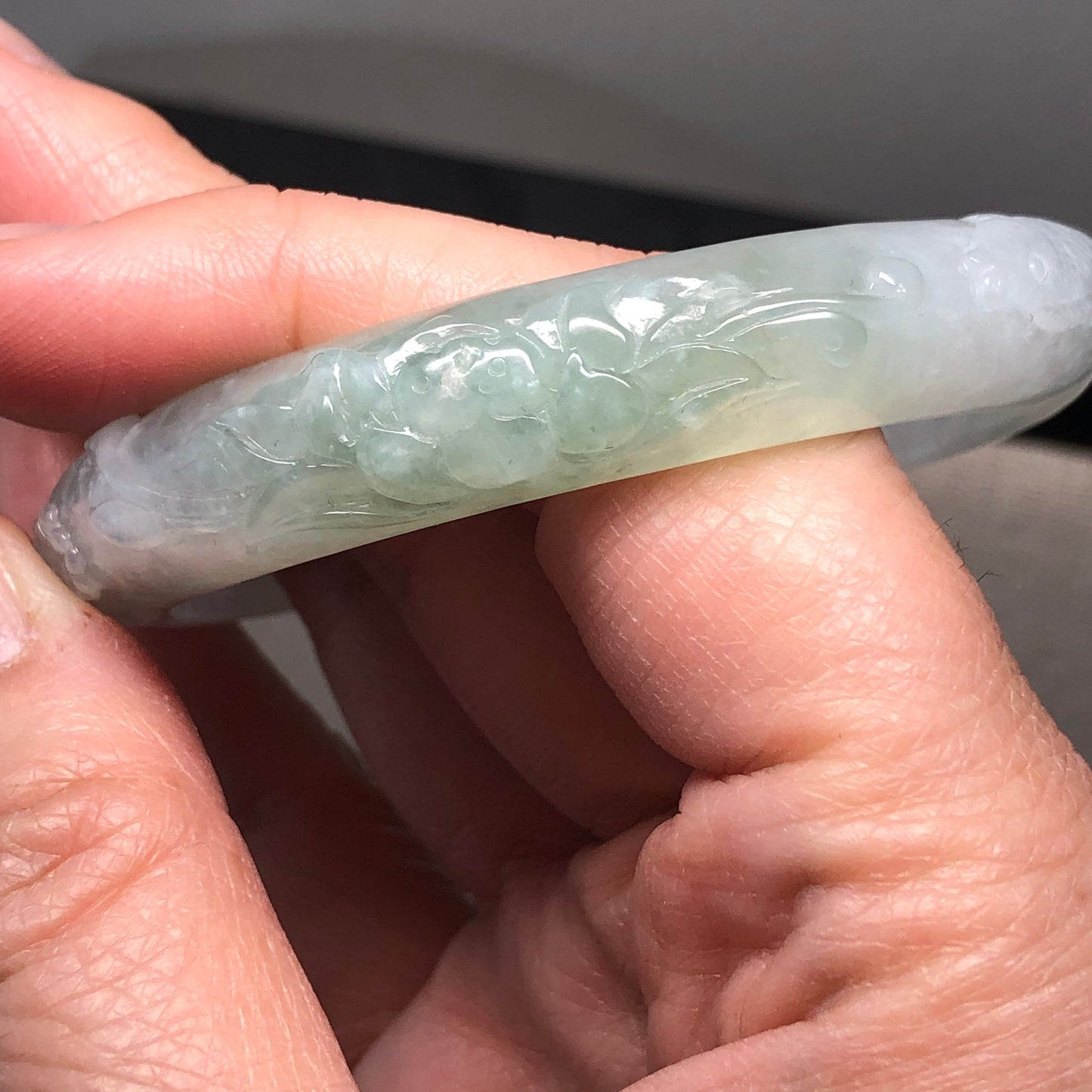 54mm Icy Jadeite Jade Light Green Tone Carved Bangle