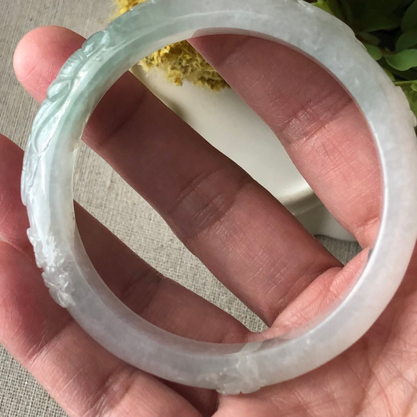 54mm Icy Jadeite Jade Light Green Tone Carved Bangle