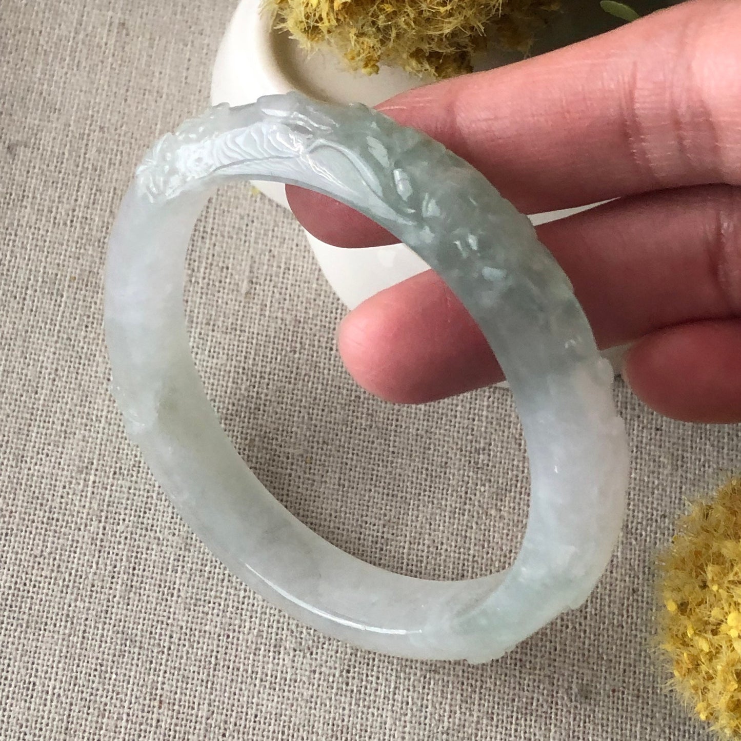 54mm Icy Jadeite Jade Light Green Tone Carved Bangle