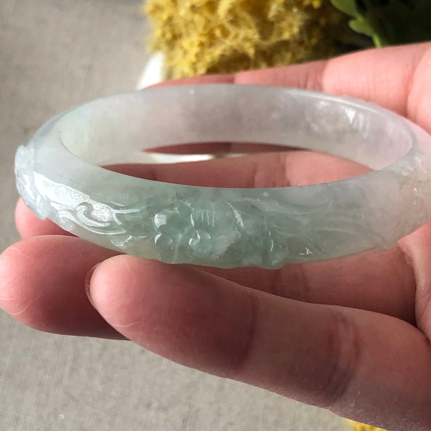54mm Icy Jadeite Jade Light Green Tone Carved Bangle