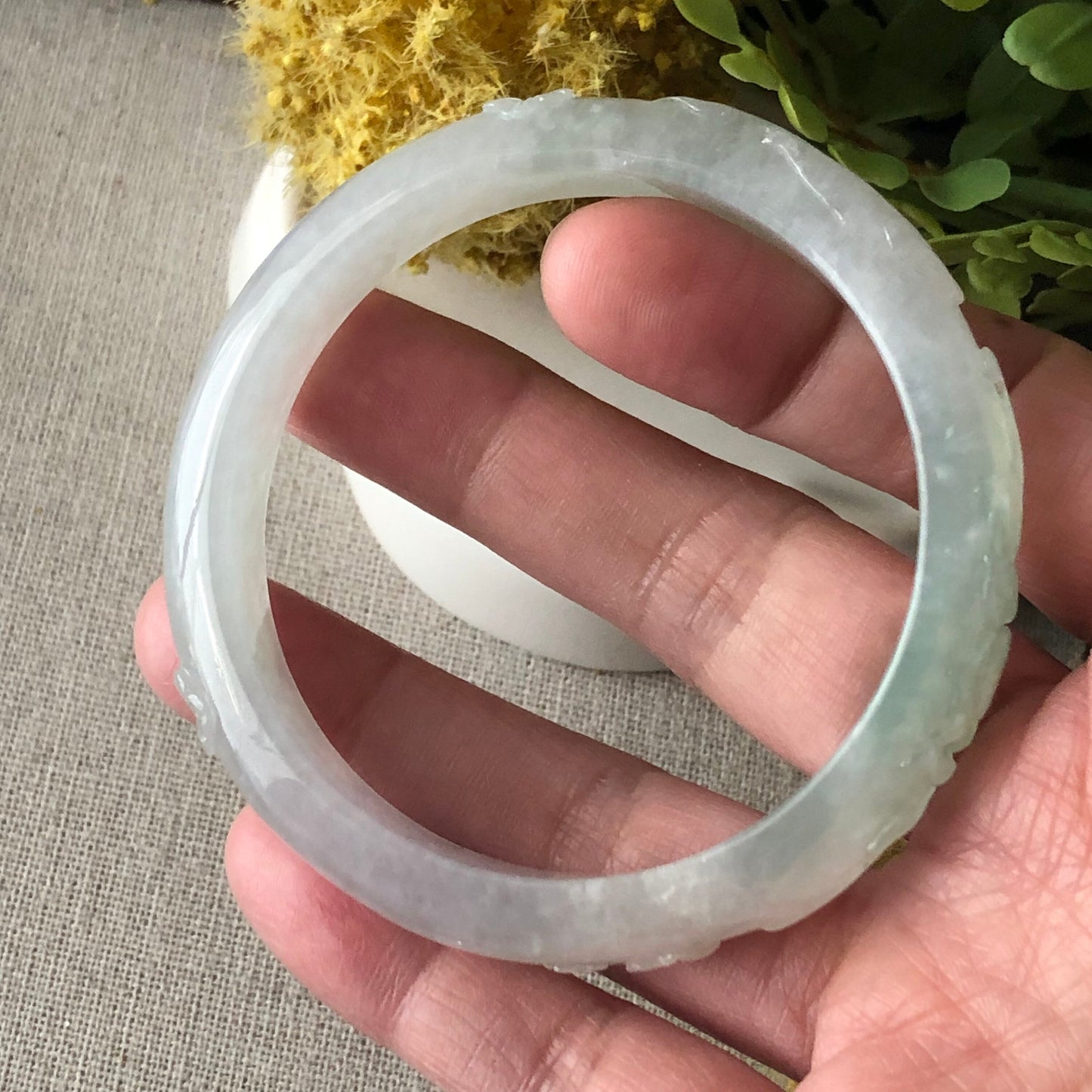 54mm Icy Jadeite Jade Light Green Tone Carved Bangle