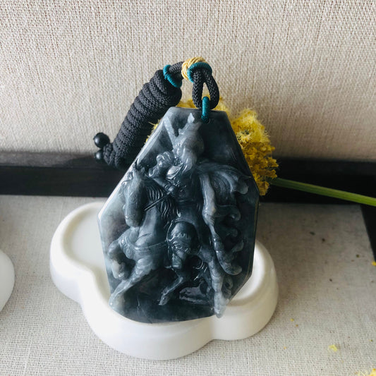 70mm Carved Black Wuji Jade Jadeite Guan Er Yeh 關二爺 Pendant