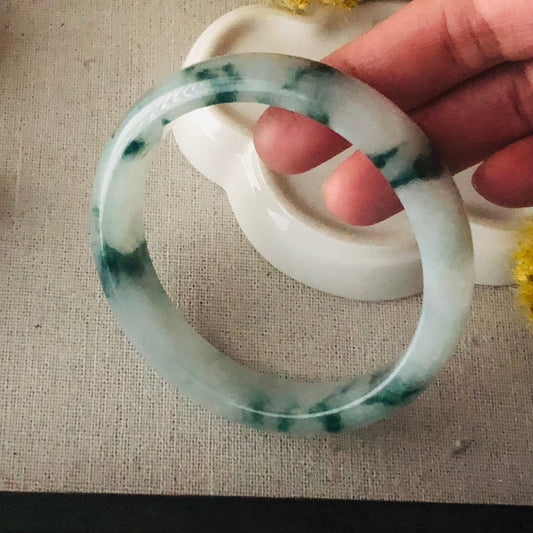 60mm Icy Green Float Flowers D-shaped Jadeite Jade Bangle