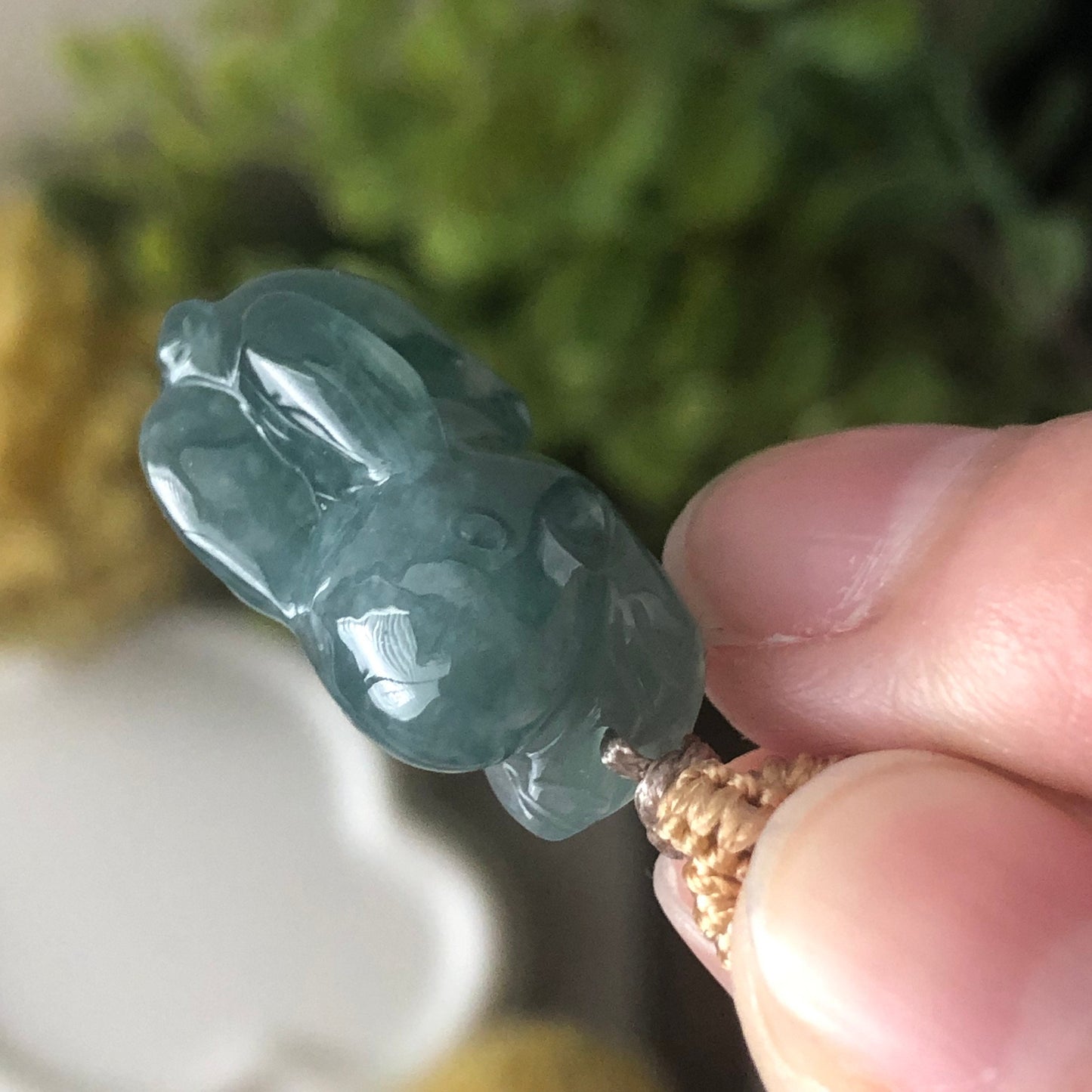 22mm Glossy Green Blue  Guatemalan Jade Carved Rabbit Bunny Pendant