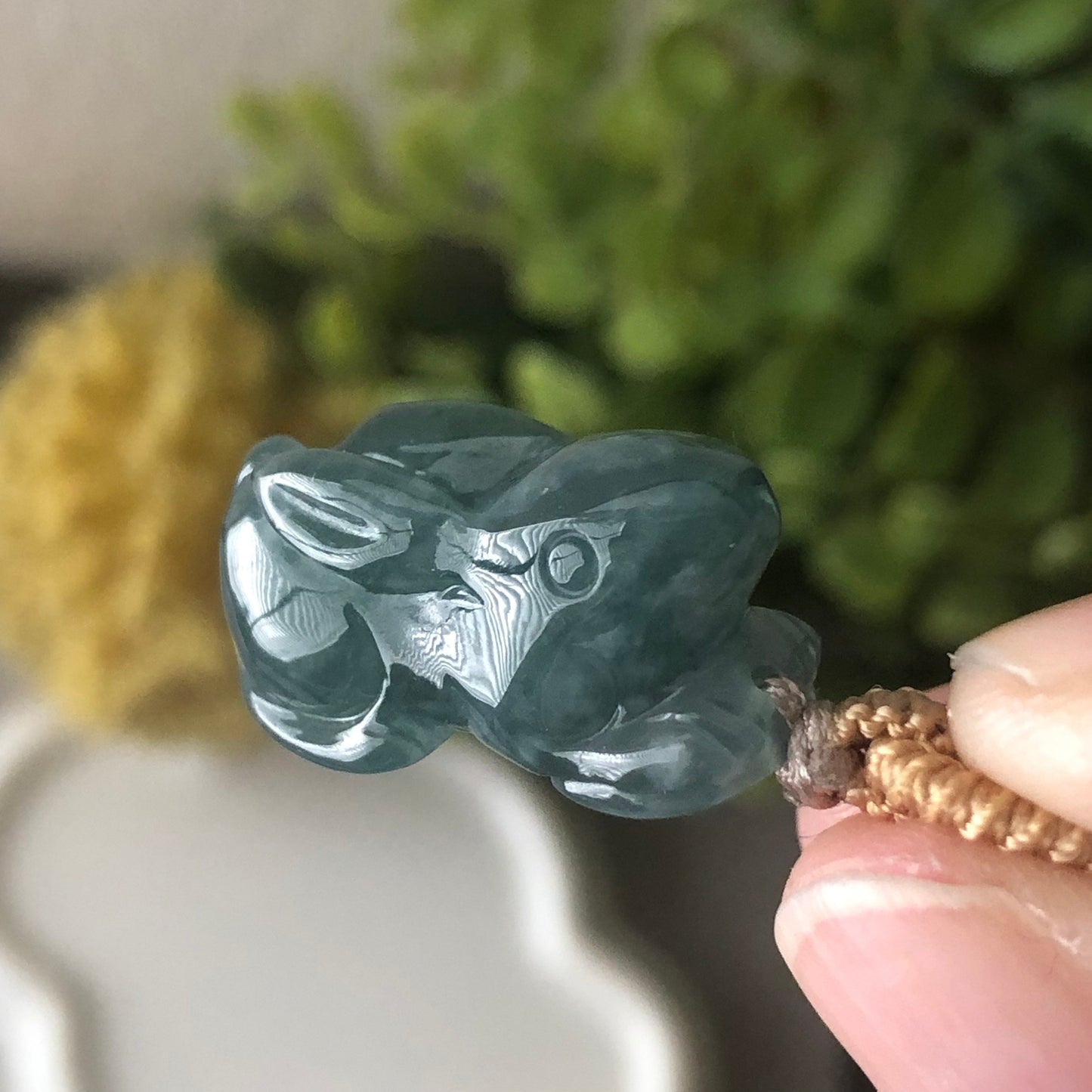 22mm Glossy Green Blue  Guatemalan Jade Carved Rabbit Bunny Pendant