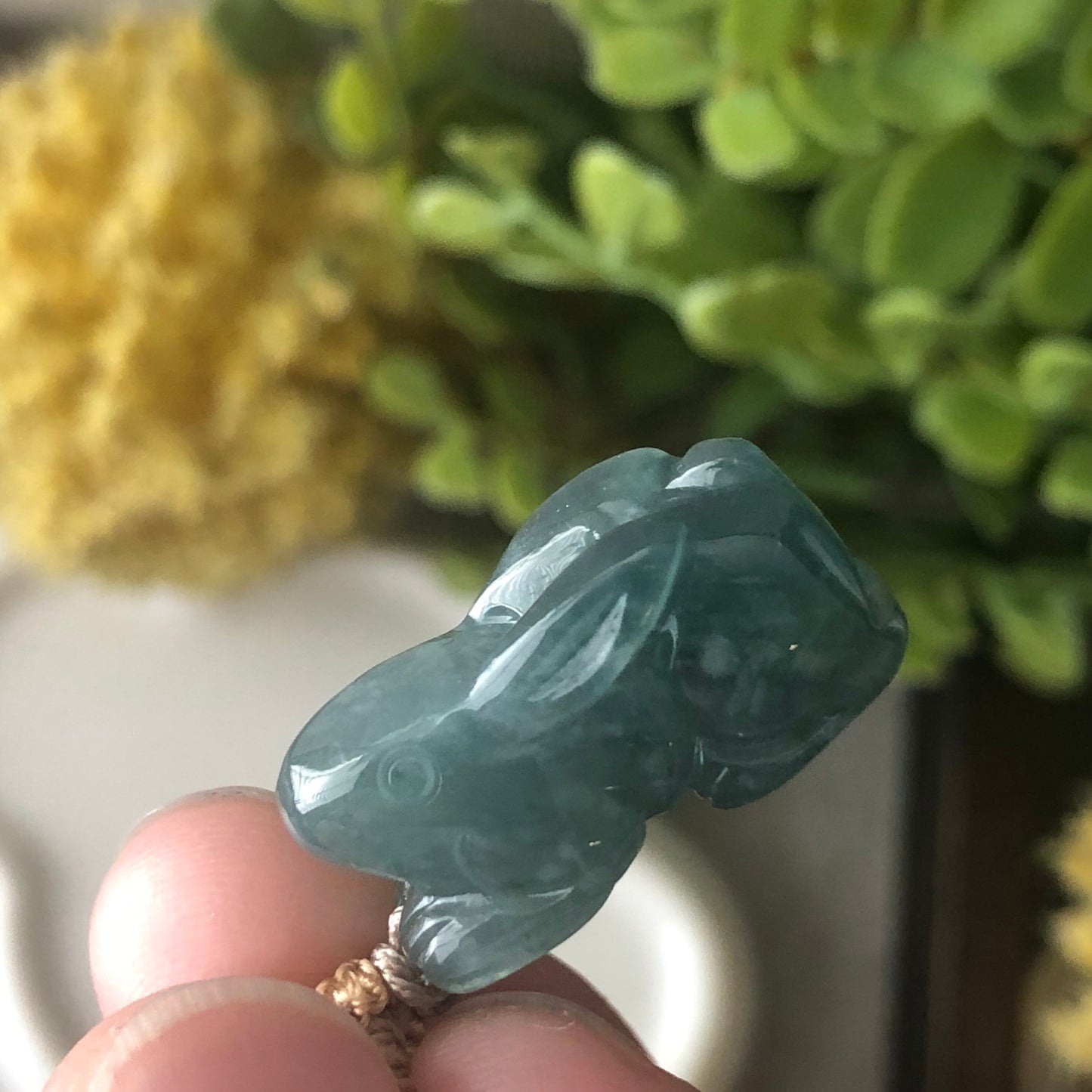 22mm Glossy Green Blue  Guatemalan Jade Carved Rabbit Bunny Pendant