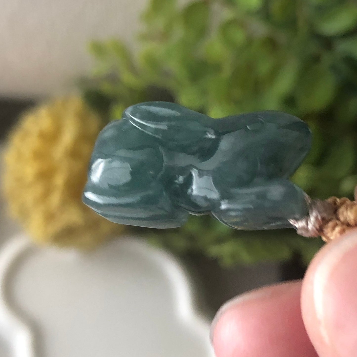 22mm Glossy Green Blue  Guatemalan Jade Carved Rabbit Bunny Pendant