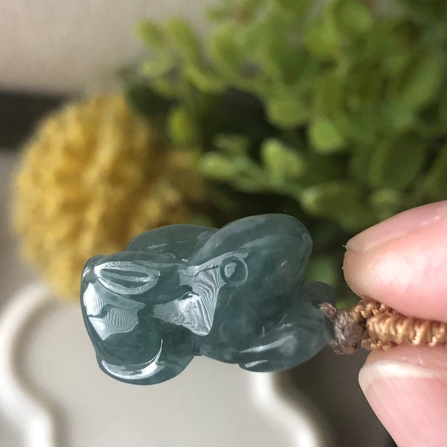 22mm Glossy Green Blue  Guatemalan Jade Carved Rabbit Bunny Pendant