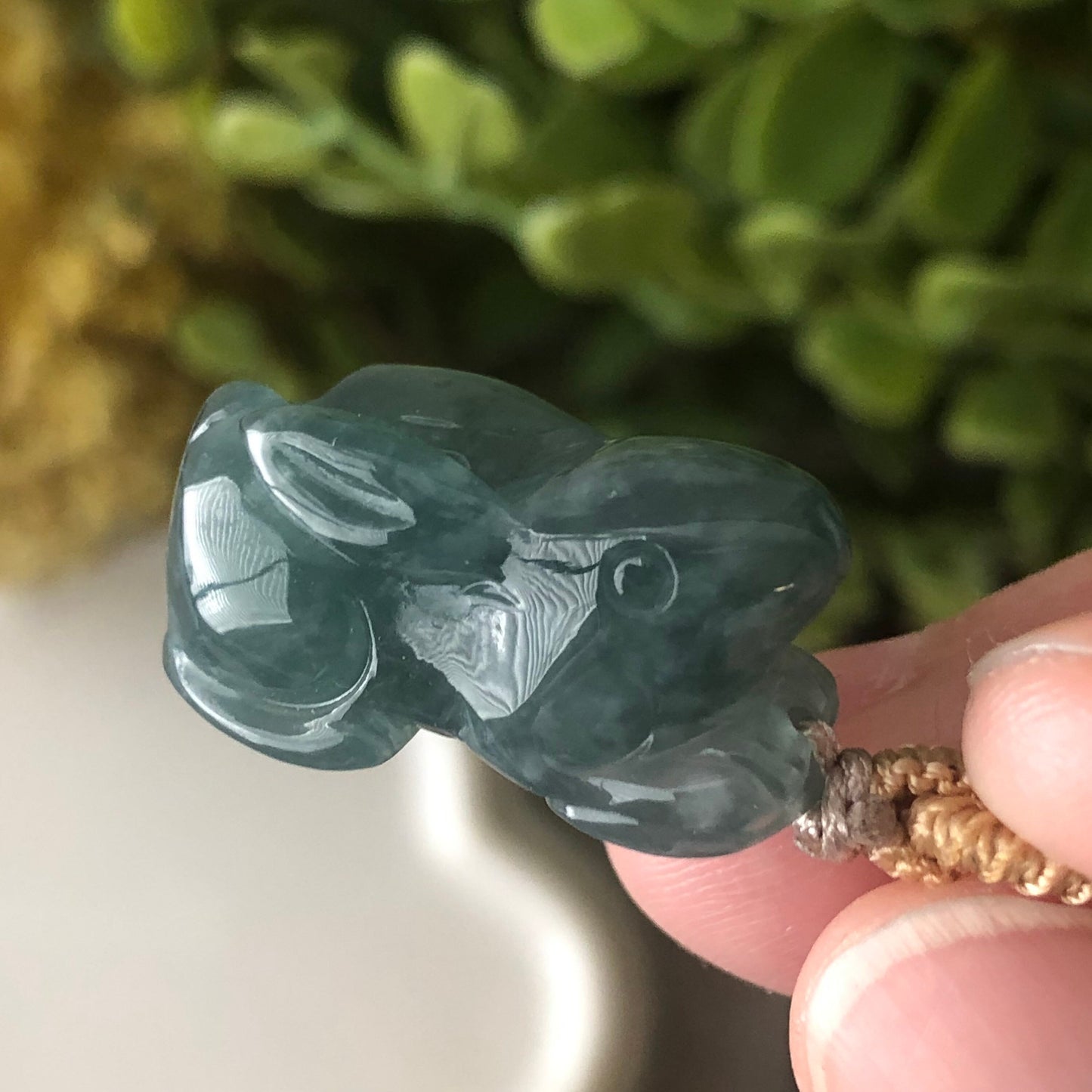 22mm Glossy Green Blue  Guatemalan Jade Carved Rabbit Bunny Pendant
