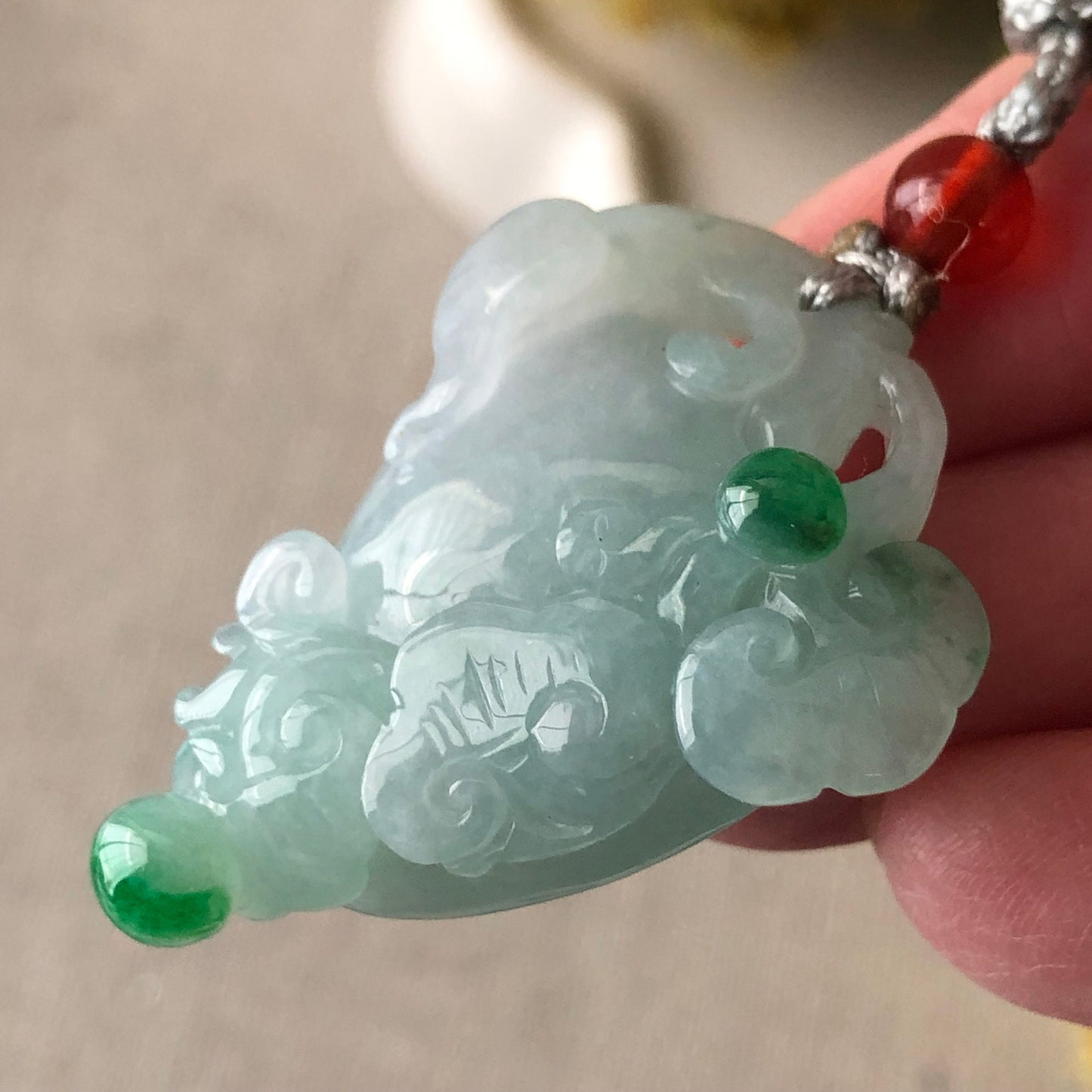 32mm Icy Greenish Jadeite Jade Carved Peach Ruyi Clouds Pendant  Neck Rope Tie