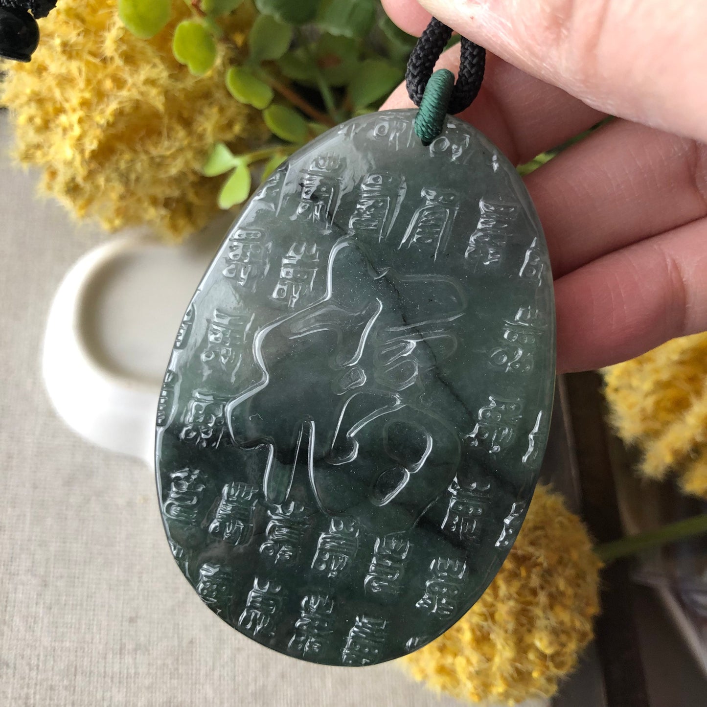 61.5mm Green Black Wuji Jade Jadeite Carved Asian Character 福 Happiness Pendant