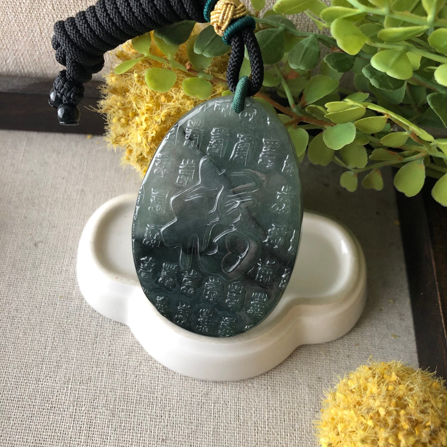 61.5mm Green Black Wuji Jade Jadeite Carved Asian Character 福 Happiness Pendant