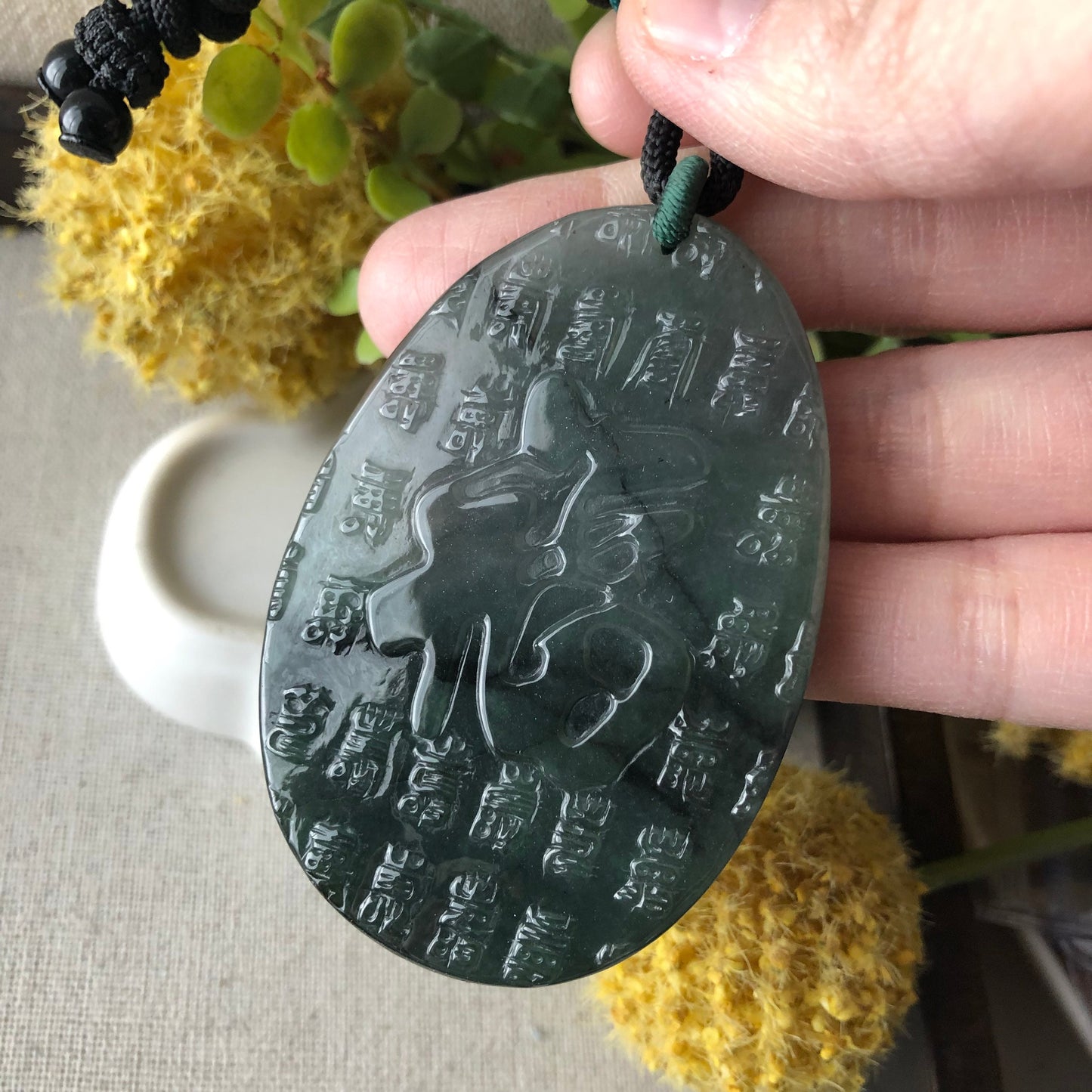 61.5mm Green Black Wuji Jade Jadeite Carved Asian Character 福 Happiness Pendant