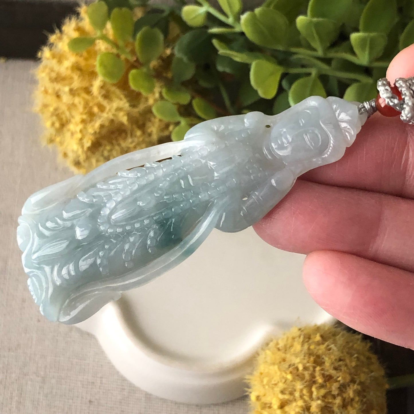 65mm Icy Sky Blue Green Float Flowers Carved Guanyin Pendant