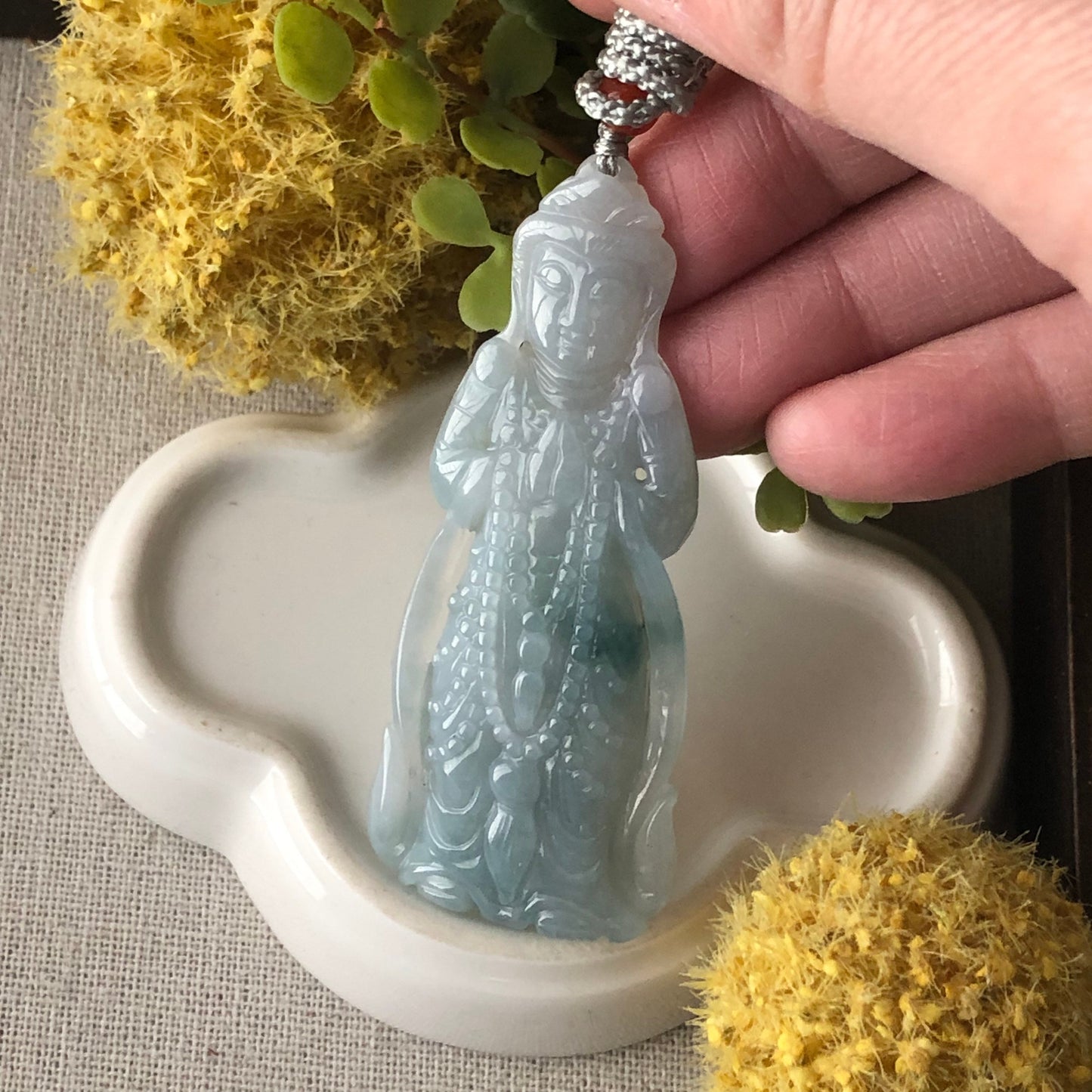 65mm Icy Sky Blue Green Float Flowers Carved Guanyin Pendant