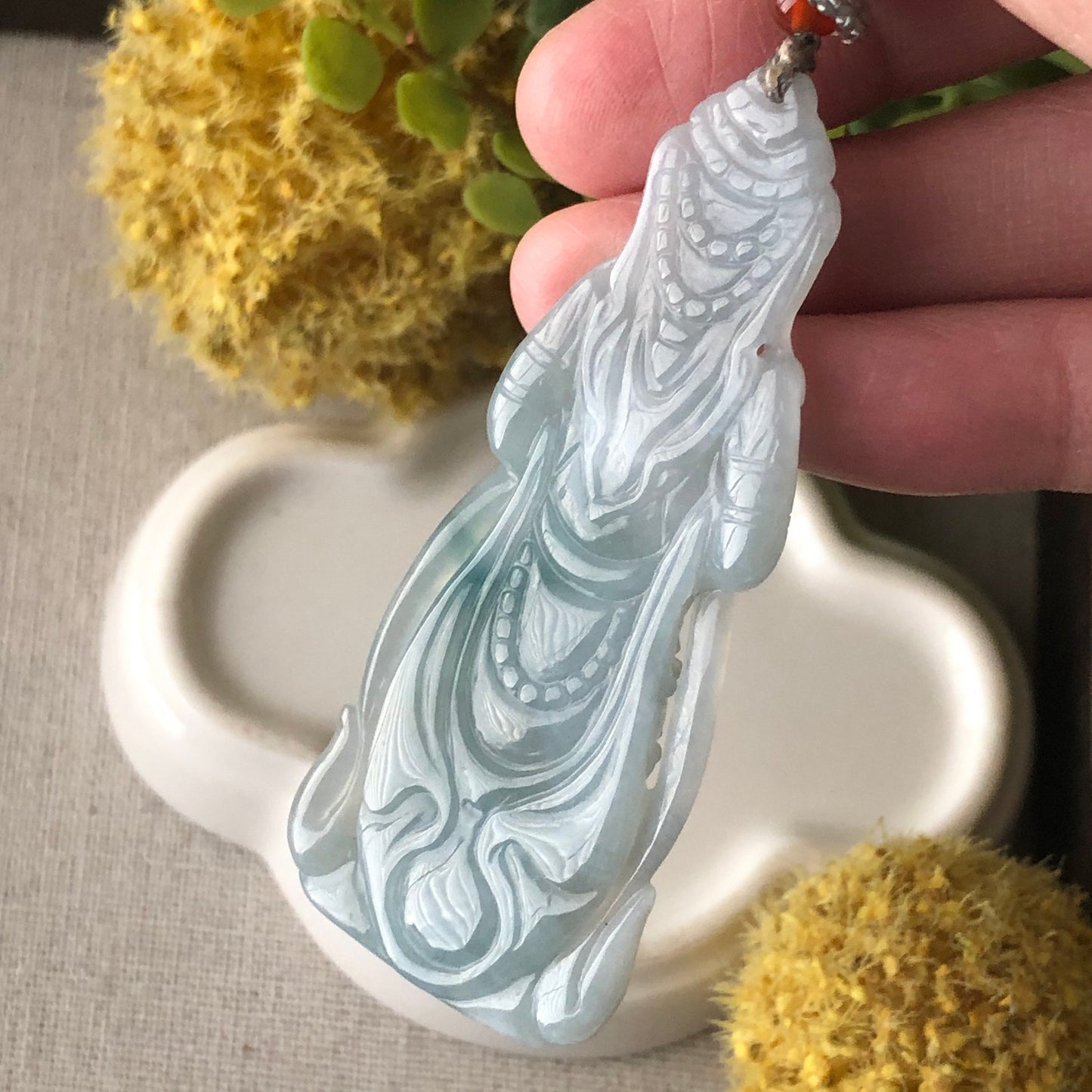 65mm Icy Sky Blue Green Float Flowers Carved Guanyin Pendant