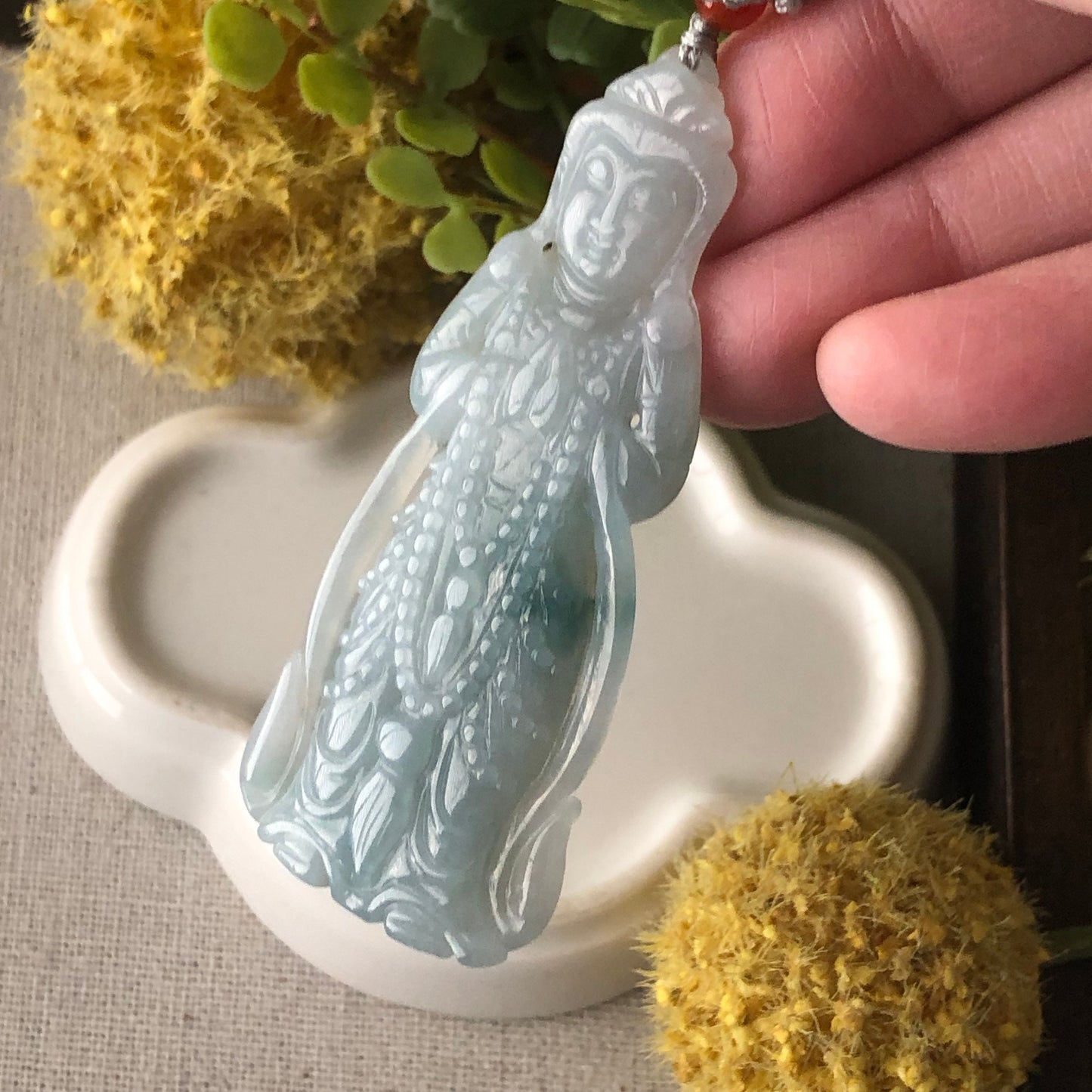 65mm Icy Sky Blue Green Float Flowers Carved Guanyin Pendant