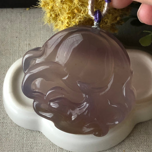 55 mm High Quality Agate Carved Lavender Foxtail Kitsune Nine Tail Pendant