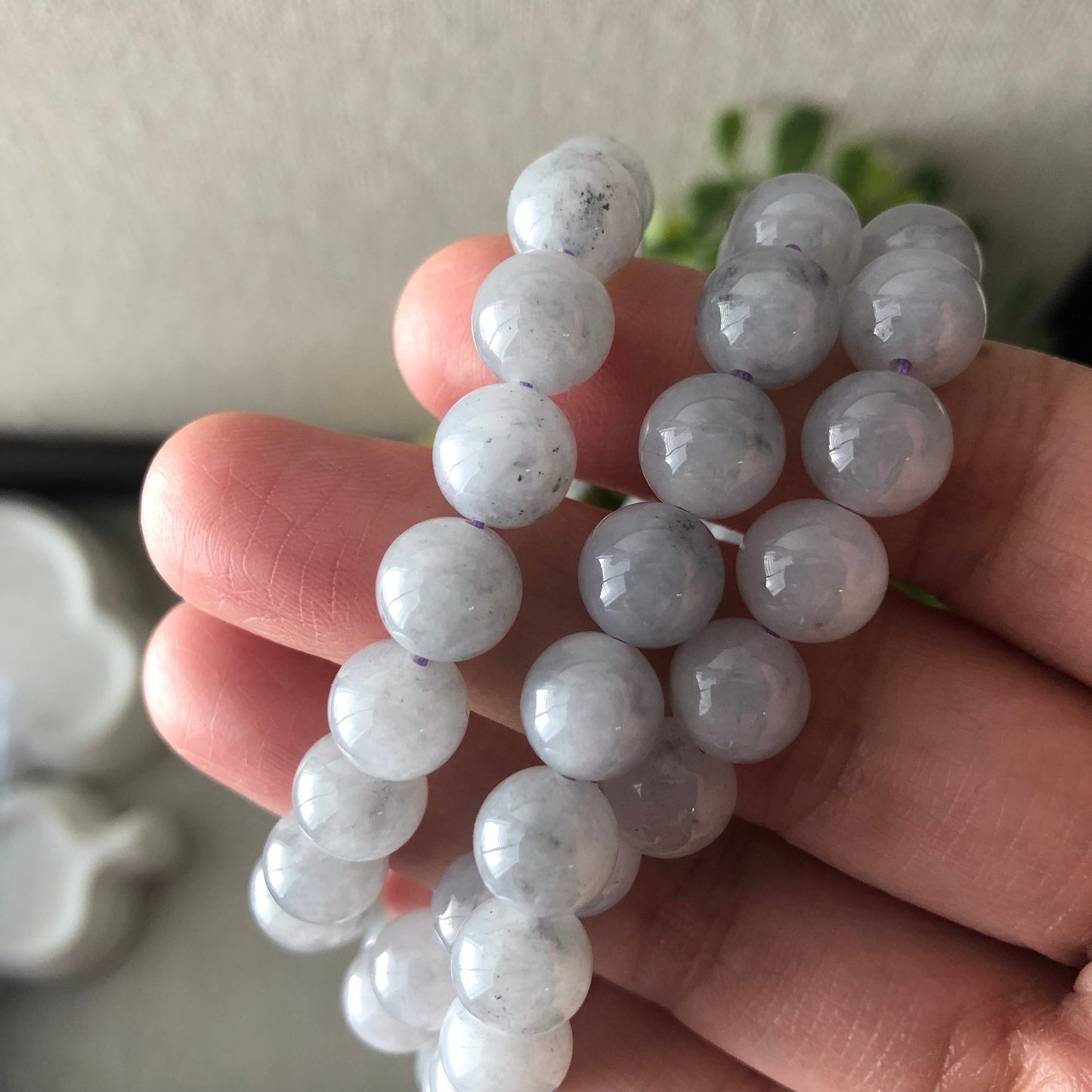 8.5 mm Icy Light Wuji Jadeite Jade Bead Bracelet Necklace