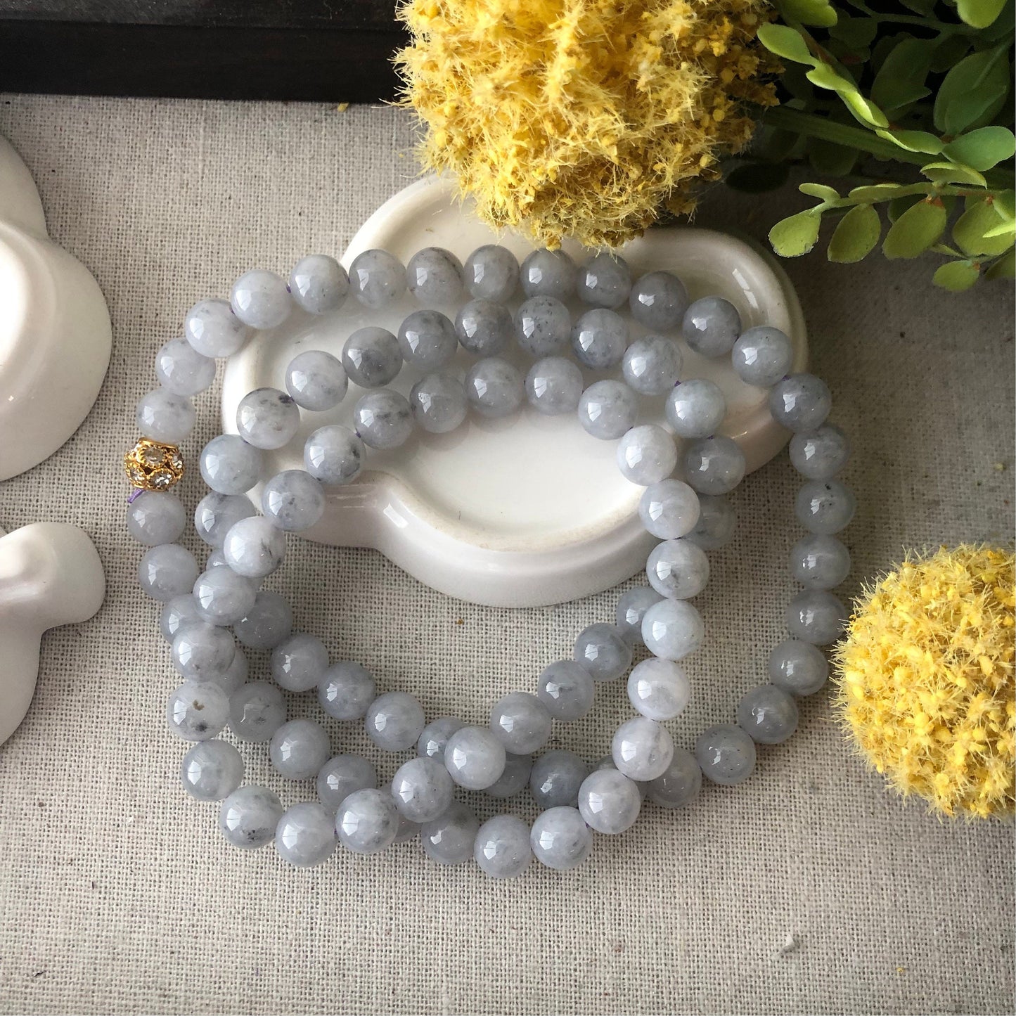 8.5 mm Icy Light Wuji Jadeite Jade Bead Bracelet Necklace
