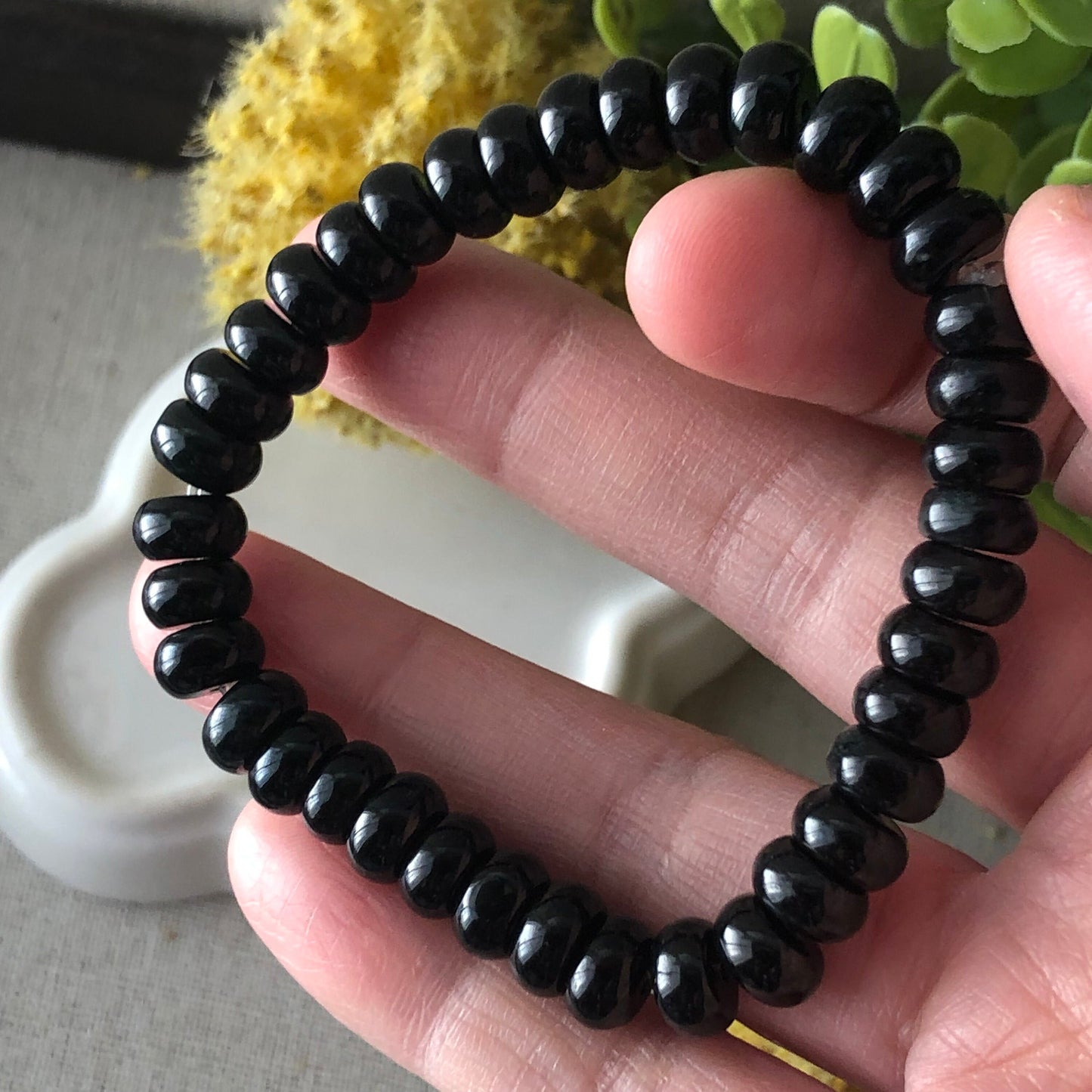 8 mm Icy Glossy Omphacite Jade Flat Bead  Bracelet