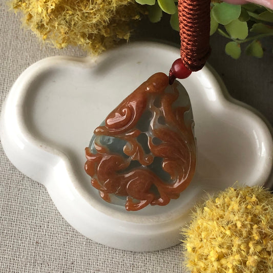 40mm Red Brown Carved Fox Tail Kitsune Jadeite Jade Pendant