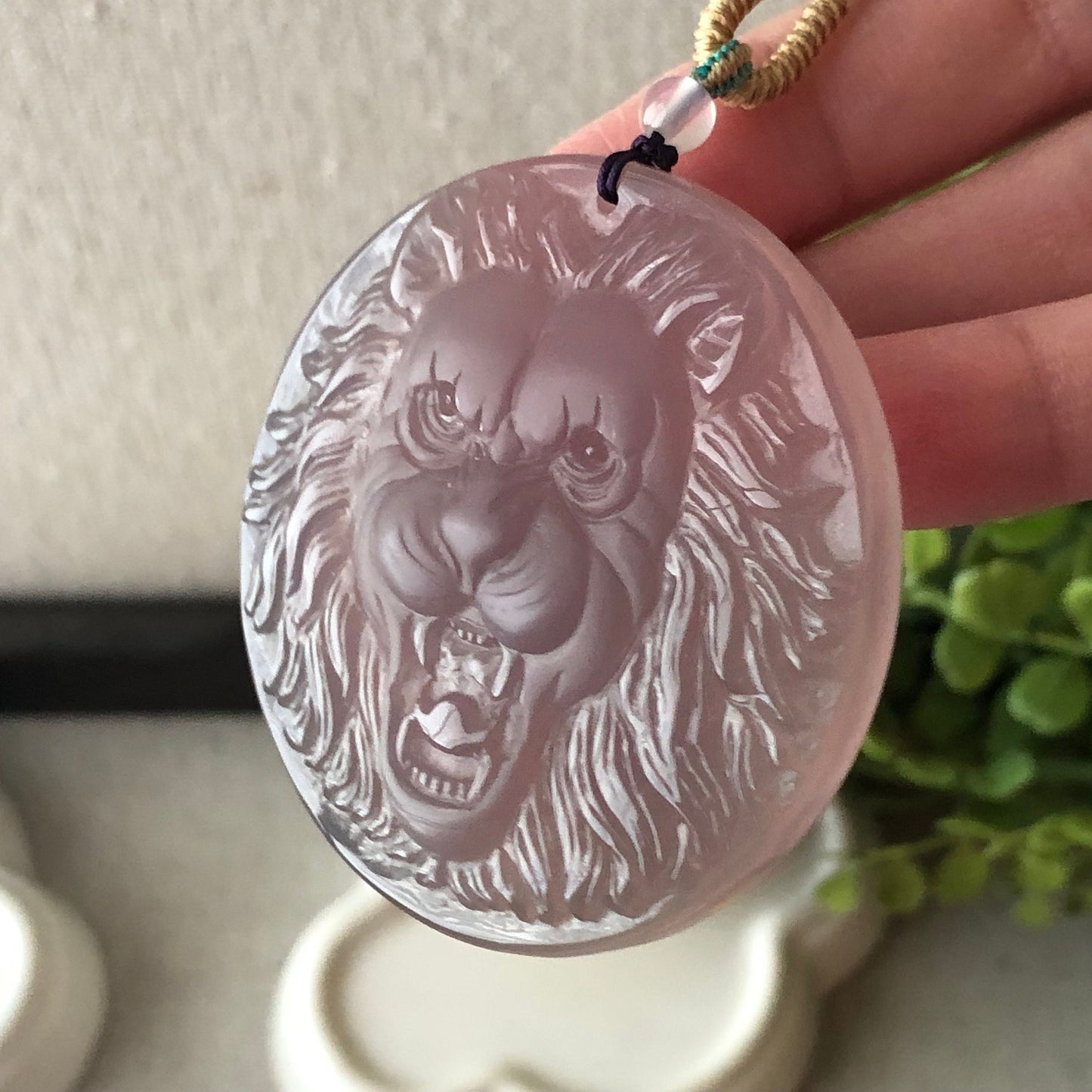 55 mm High Quality Agate Carved Lavender Lion Pendant