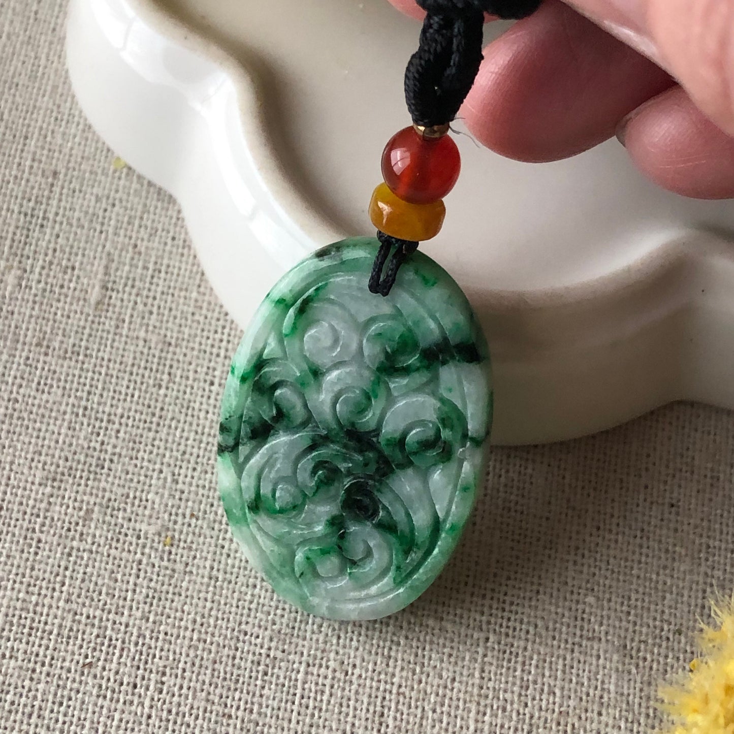 34mm Green Moss Jade Jadeite carved pattern Oval shaped Pendant